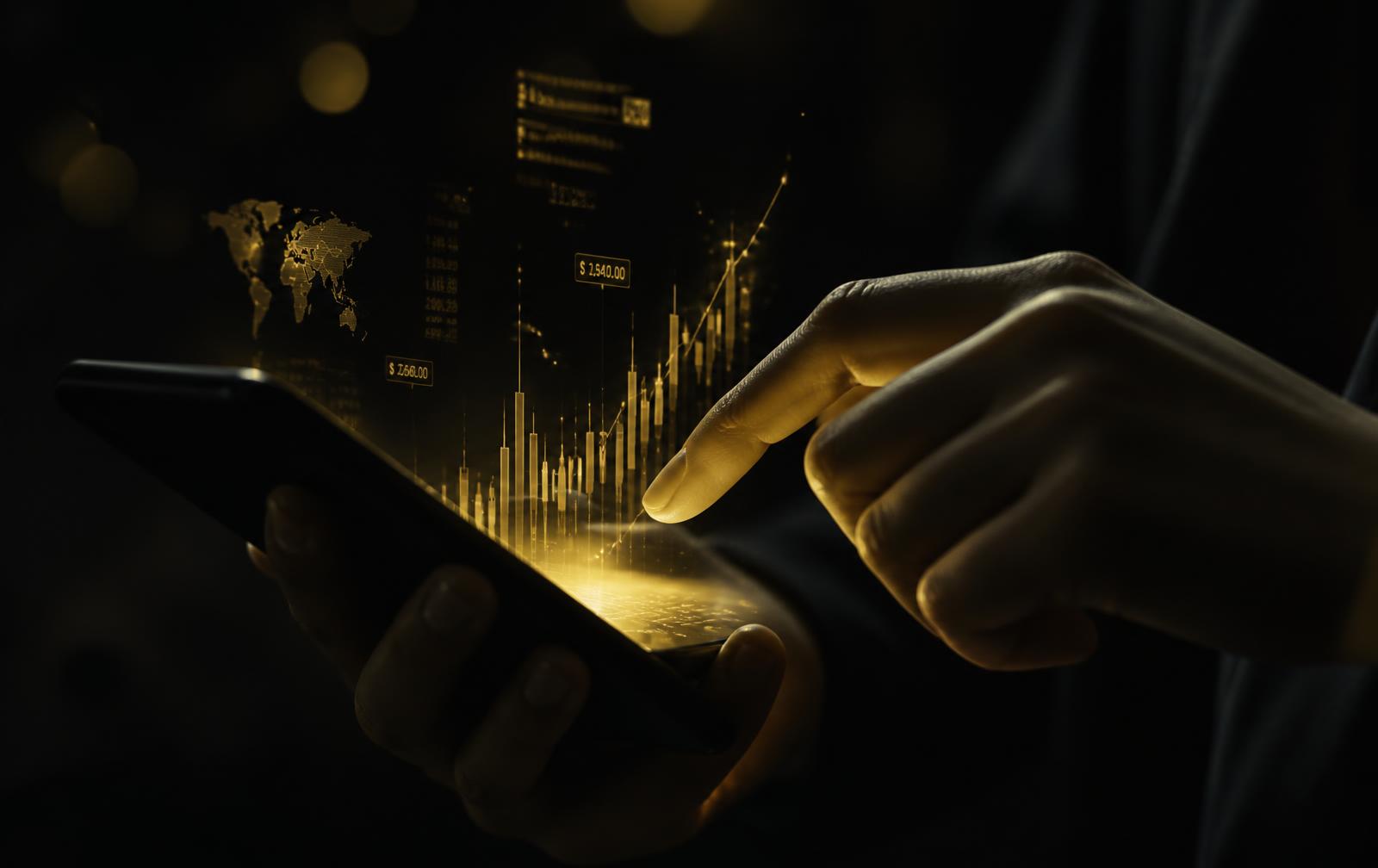Mãos usando celular com dados financeiros em luz dourada