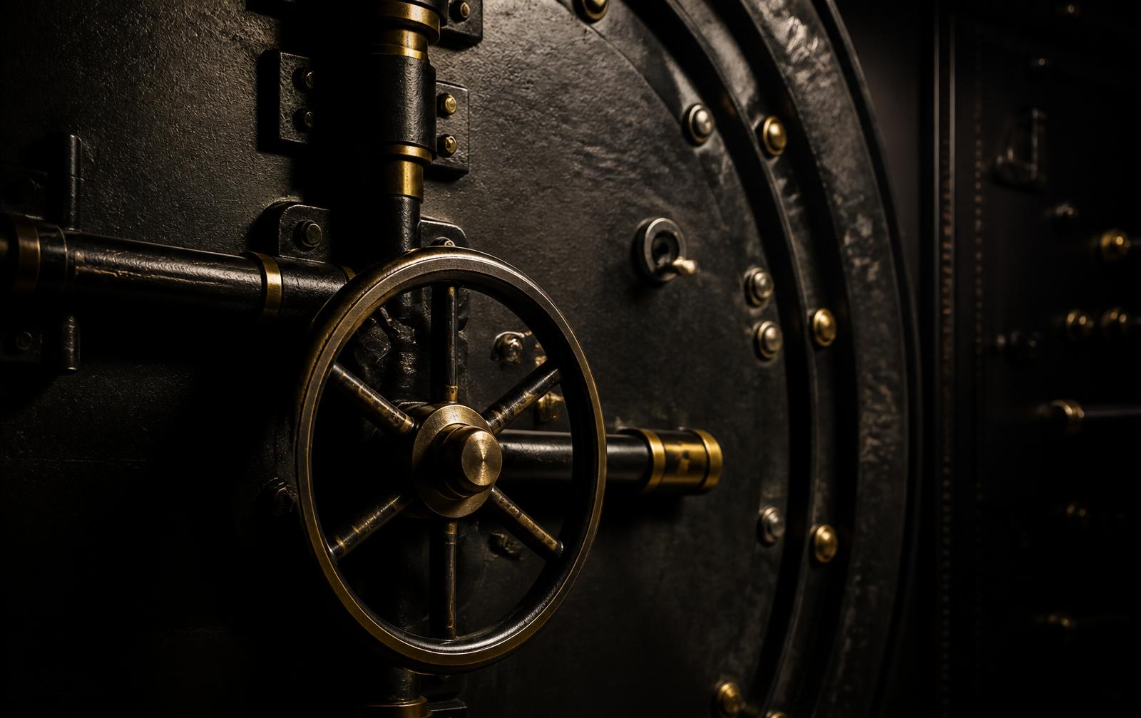 Porta de cofre em metal escuro com detalhes dourados